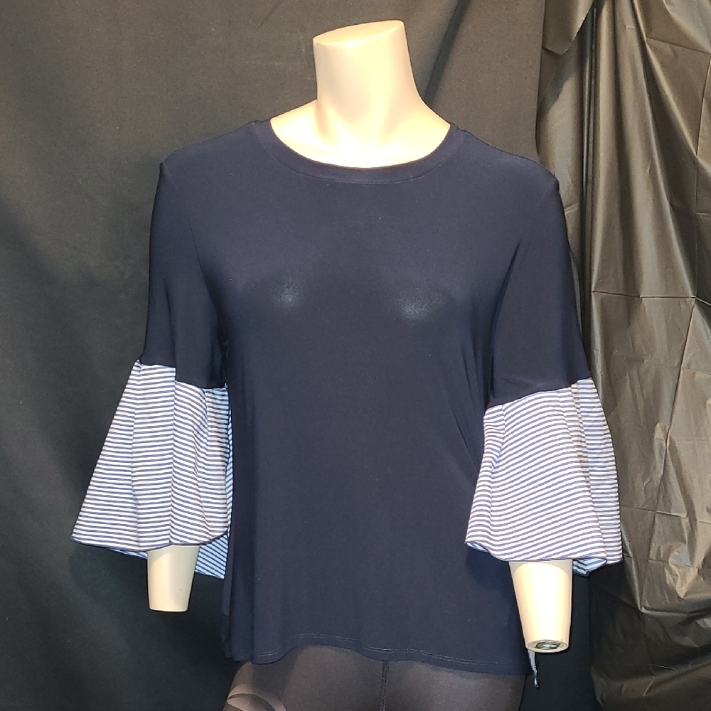 Joseph Ribkoff Navy Top with Striped Bell Sleeves Size 12